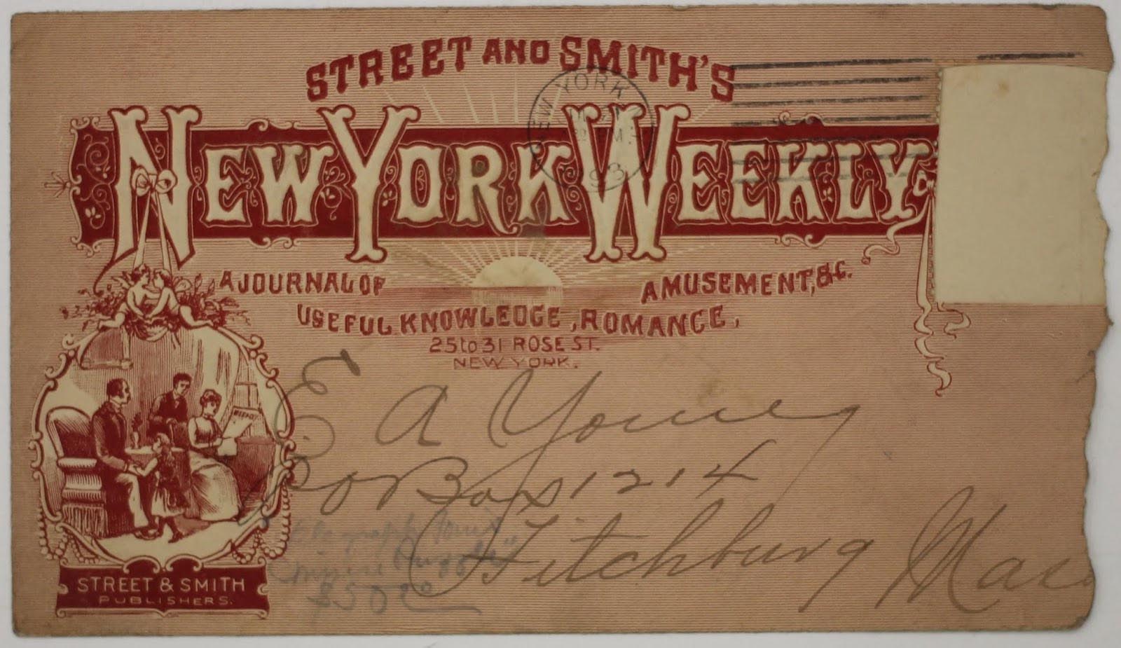 Historic envelope with New York Weekly logo and byline. Text reads: Street and Smith's New York Weekly. A Journal of amusements, useful knowledge, romance.  An engraving to the left of 2 men and a woman in a parlor.  The envelope is addressed in handwriting to: E. A. Young, PO Box 1214, Firchburg, Mass.