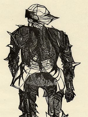 Illustration of knight's armor with various black shadings amidst a faded-beige background