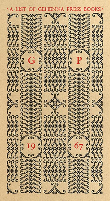 Red and black ornate design for the beginning of "A List of Gehenna Press Books" up to the year 1967