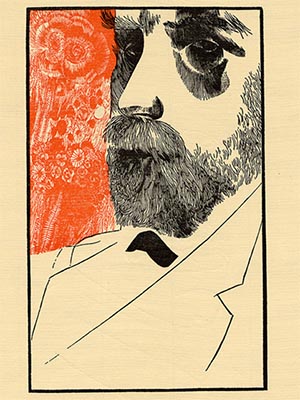 Redon, woodcut of man with beard and orange owl