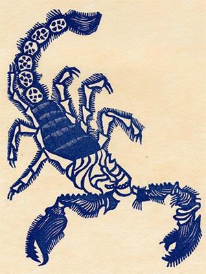 Illustration of a lobster in dark blue amidst a faded-beige background