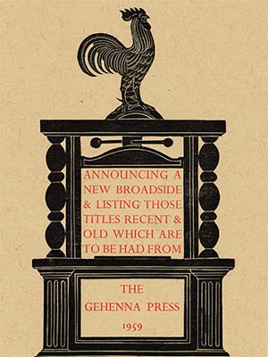 Black and white illustration of a rooster on a wooden structure with text that introduces a list of recent titles from Gehenna Press as of 1959