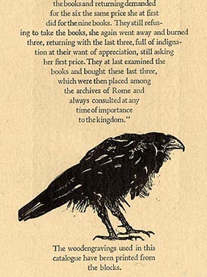 Woodgraving of a black crow under a quotation about the Cumean Sibyl