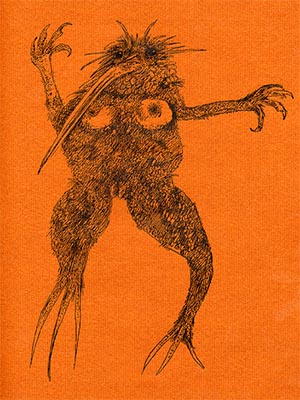 Print of a distorted black and white animal with limbs outstretched, with an orange background