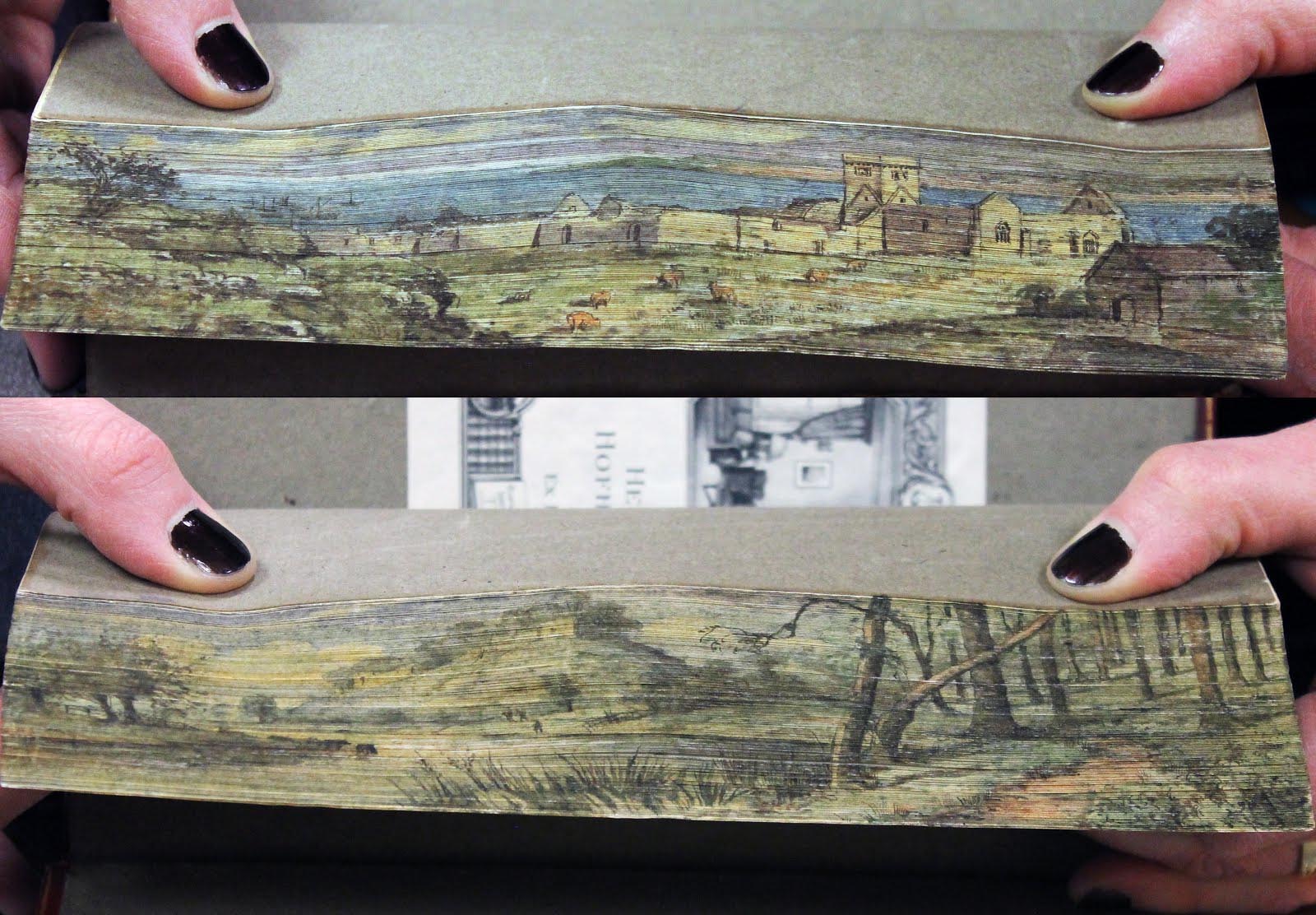 Two examples of fore-edge paintings: top painting is of a pasture with animals grazing near neutral colored buildings; bottom painting is of a trail in the woods with a hill and some people in the distance