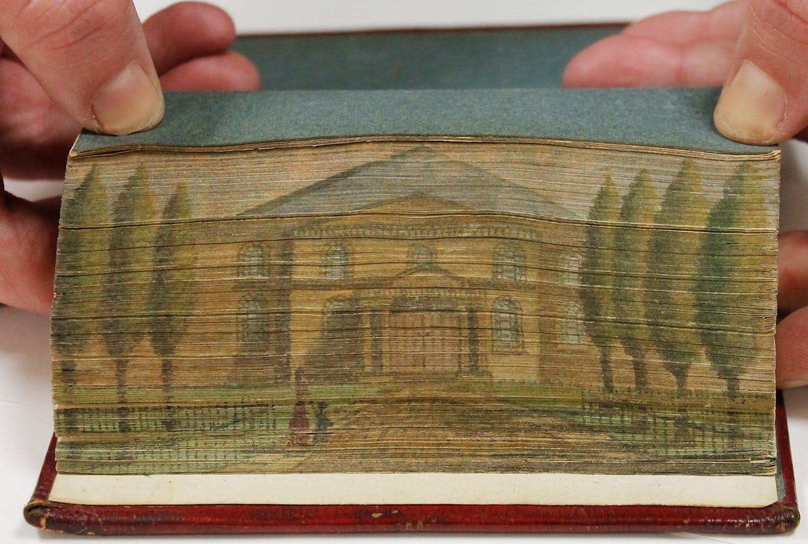 Fore-edge painting featuring an image of the front of a large estate with two figures facing its door