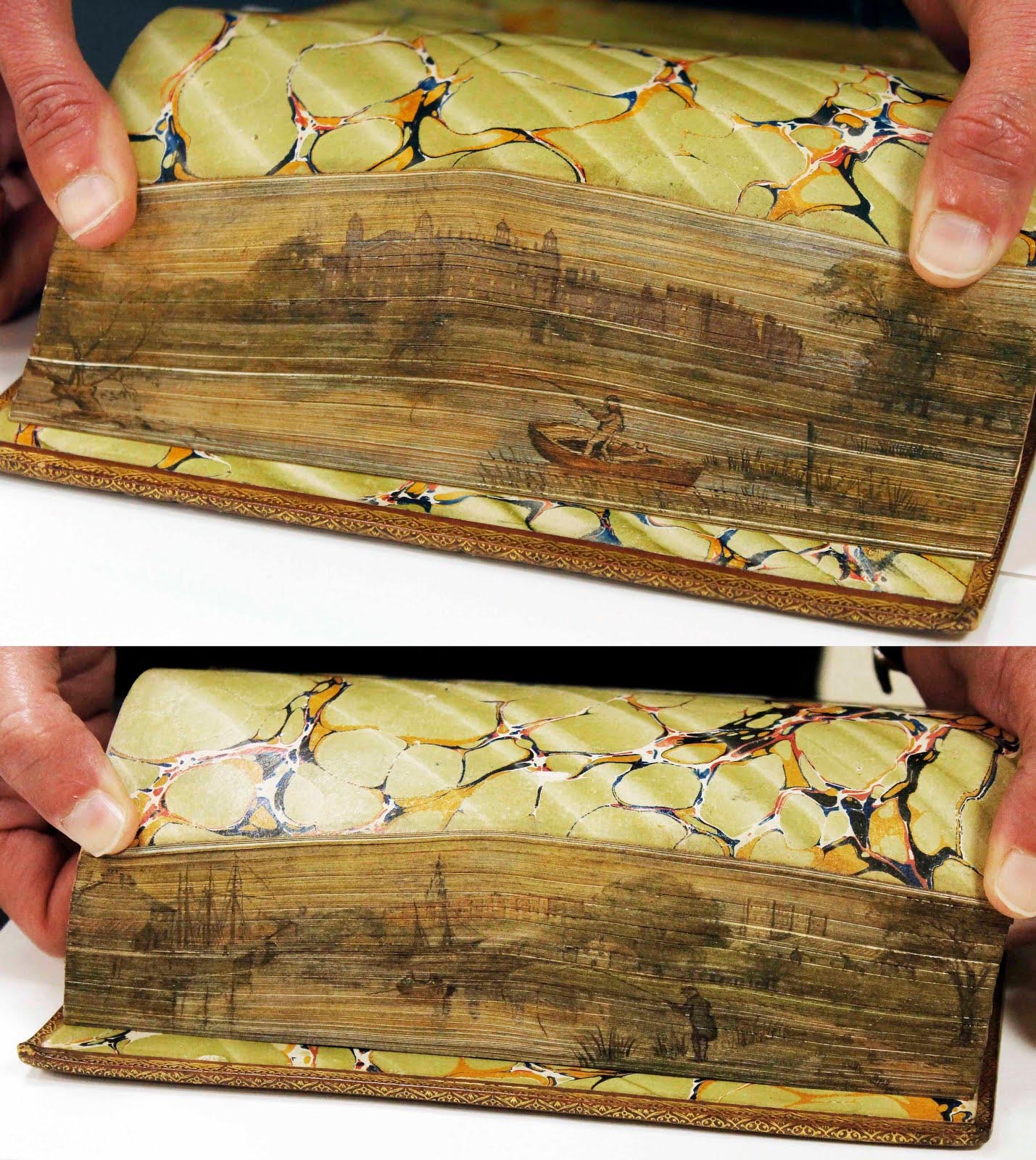 Two examples of fore-edge paintings: top painting is of a man rowing his boat towards a castle in the distance; bottom painting is of a man fishing across from a dock