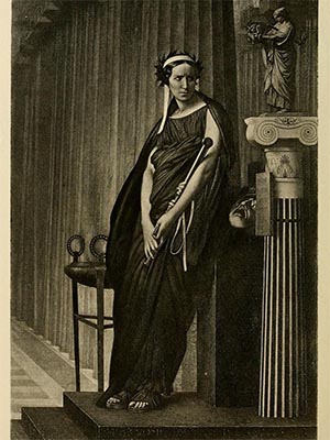 Engraving of an actress wearing a toga and garland. Page is titled: Jean Leon Gerome
