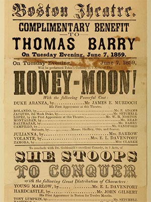 Program: Boston Theatre Complimentary  Benefit to Thomas Barry on Tuesday Evening, June 7, 1859. Honey-Moon.  The full cast is listed below.