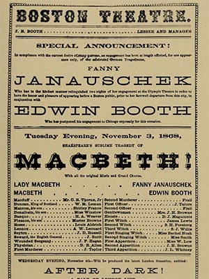 Announcement of a performance of Macbeth on Tuesday evening, November 3, 1868, starring Fanny Janauschek and Edwin Booth