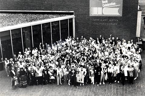 Crowd outside the library celebrating the millionth book added to the collection