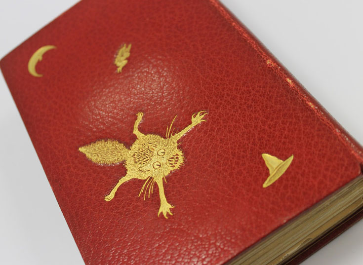 Red book cover with gold illustration of a falling cat with arms outstretched, moon, and witch hat.