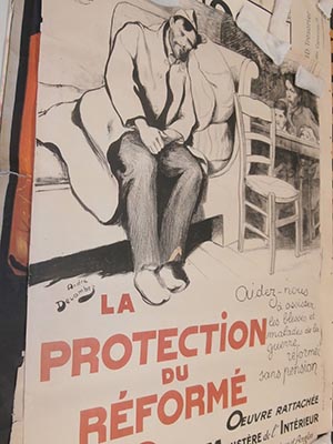 La Protection du Reforme No. 2. French poster with man sitting on a daybed, leaning to the side.