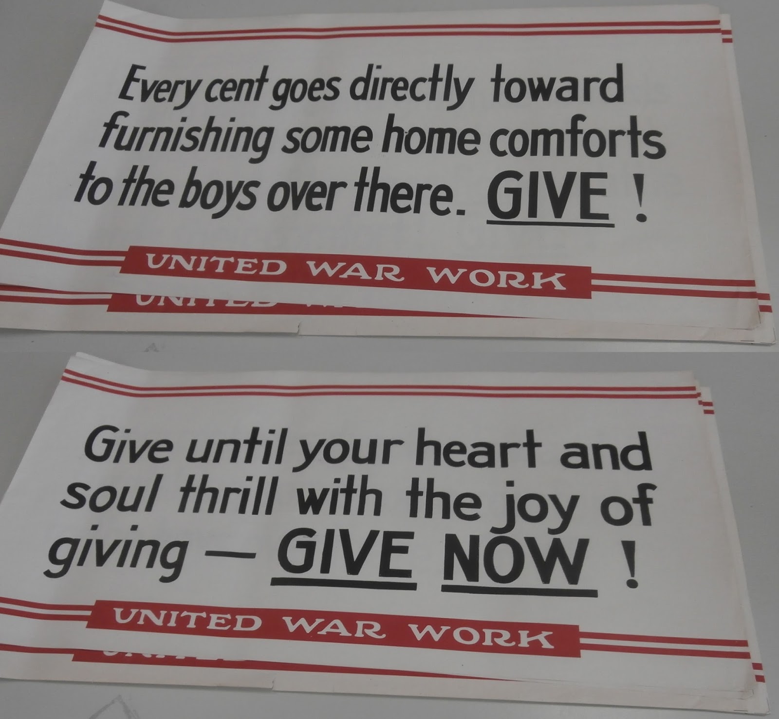 United war work posters urging people to donate to the war effort.