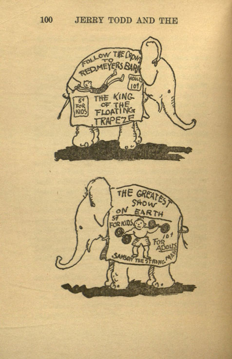 Page 100 of "Jerry Todd and the Whispering Mummy" with a black and white illustration of an elephant advertising for a circus show