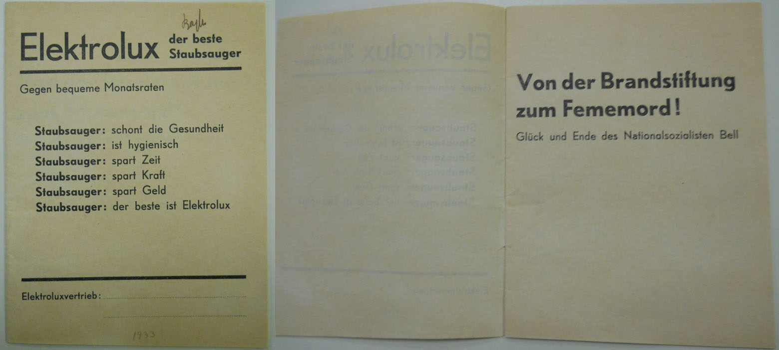 Two pages of s German brochure; one refers to vaccum cleaners, the other refers to Fememord