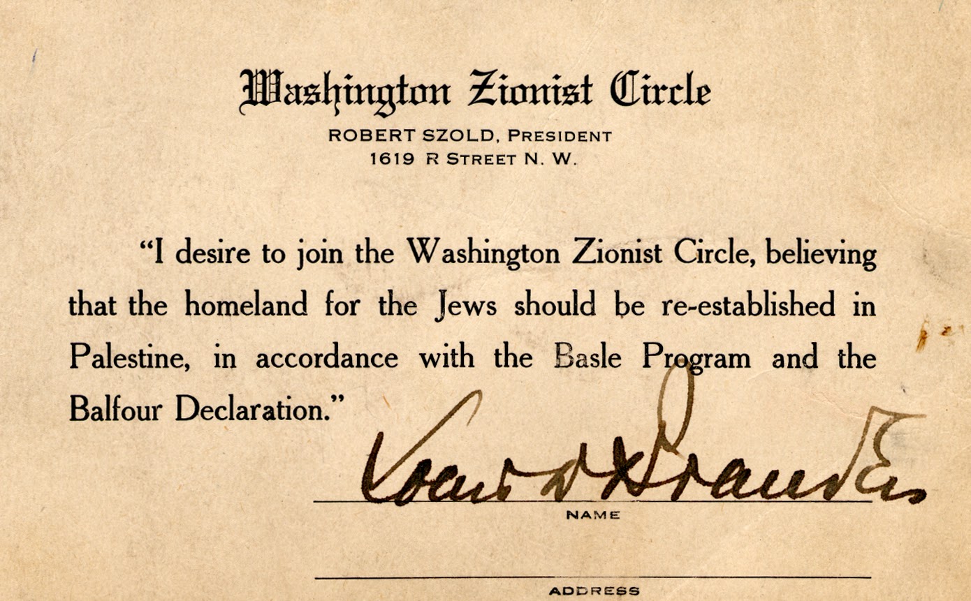 Old paper with a statement of interest to join the Washington Zionist Circle, signed in ink