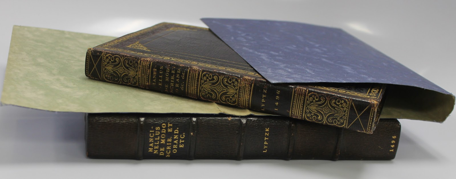 Side view of two brown and gold manuscript books stacked on top of one another.