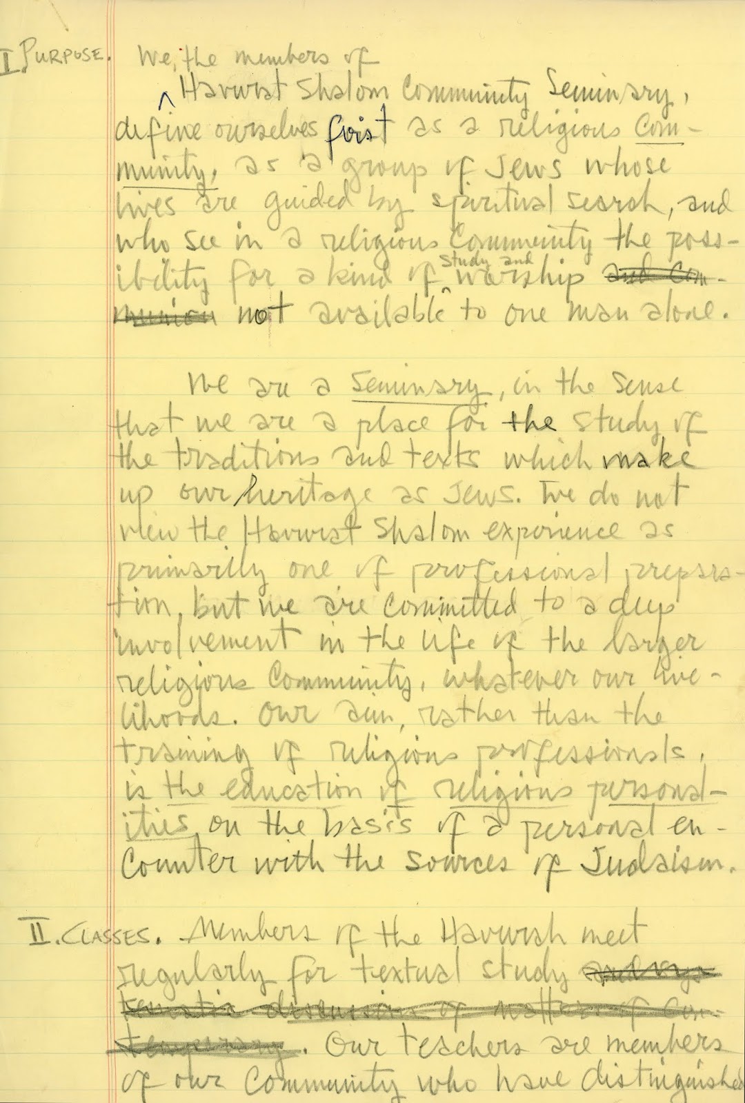 Draft of Havurat Shalom Community Seminary constitution written on notepad