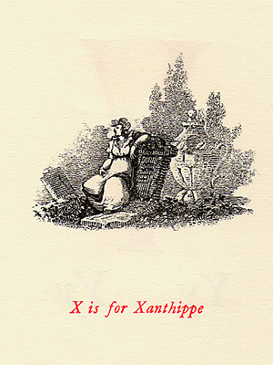X is for Xanthippe, from alphabet book, with illustration of a woman seated near a large urn