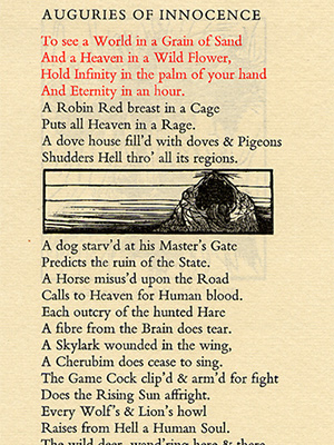Page from William Blake's "Auguries of Innocence" published by Gehenna Press, with wood engraving by Baskin of a creature