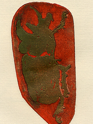 Orange and brown arwork depicting a horned beetle, by Leonard Baskin
