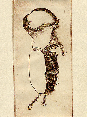 Leonard Baskin artwork of a horned pest, sepia color