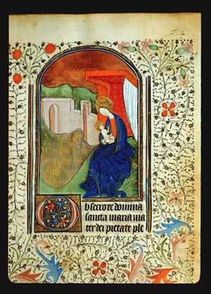 Painting of The Virgin Mary enthroned with the Child Mary sitting on a green hill to the right under a canopy, to the left a city-wall in a landscape with a red sky decorated with golden scrolls. Full painted border with achantus scrolls in red and blue, and leaf and vine patterns fill the page around the painting. around the painting.