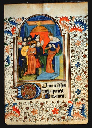 Page 41r containing a painting of Christ before Annas. In the painting a seated man is facing a crowd of 8 people who are talking to him. The central figure in the crowd has a halo. Around the painting the page is filled with ornate leaf and vine patterning. 