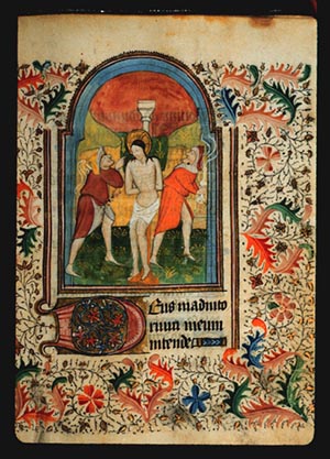 Page 48r with a painting of the Flagellation of Christ.  Painting is surrounded by a full painted border with achantus scrolls in red, blue and green, and leaf and vine patterns.