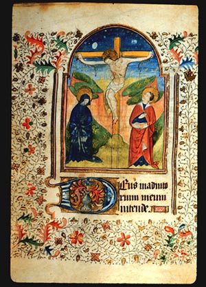 Page 56v, containing a painting of the Crucifixion with a painted border filling all of the page surrounding the painting, with achantus scrolls in red and blue and a leaf, flower and vine pattern throughout. 
