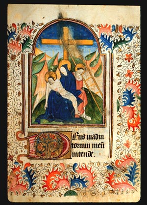 Page 61r, with a painting of Descent from the Cross (Lamentation under the Cross: Pietà with St. John). Surrounding the painting a border fills the page with achantus scrolls in red and blue and leaf and vine patterns.