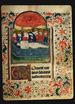 Page 65r, containing a painting of the Entombment of Christ, with a full painted border of achantus scrolls in red and blue, and leaf and vine pattern, filling the entire page around the painting. 