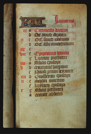 Page 1r: with a large illuminated letter and the word "Januarius,"  followed by lists numbered from a-g, presumably representing the days of the week.