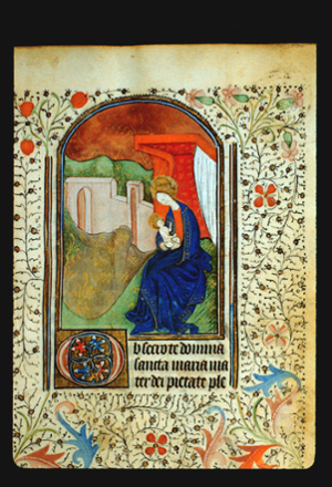 Page 15r, Painting of The Virgin Mary enthroned with the Child Mary sitting on a green hill to the right under a canopy, to the left a city-wall in a landscape with a red sky decorated with golden scrolls. Full painted border with achantus scrolls in red and blue, and leaf and vine patterns fill the page around the painting around the painting. 