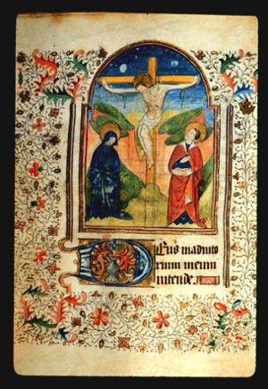 Page 56v, containing a painting of the Crucifixion with a painted border filling all of the page surrounding the painting, with achantus scrolls in red and blue and a leaf, flower and vine pattern throughout. 