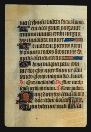 Page 68v, containing a dense block of blackletter text, with 4 illuminated initial letters, 3 red words, some gold counterspaces, and 2 ornaments that fill the space from the end of a sentence to the right margin. 