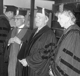 President Abram Sachar, former U.S. President Harry Truman and Brandeis Trustee Eleanor Roosevelt prepare for Commencement '56 ceremonies.