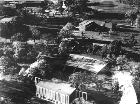 Aerial view of Brandeis campus in its first few years.