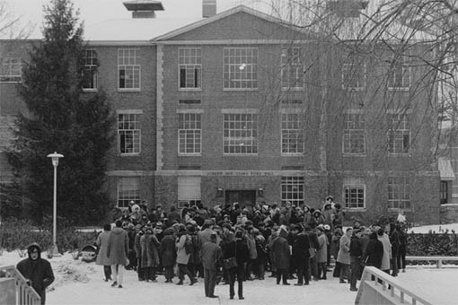 Students gathering outside Ford Hall during the student occupation