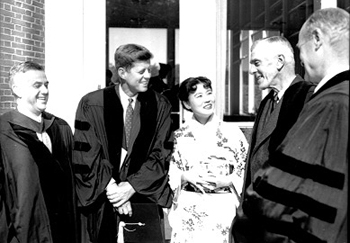 Left to right: Trustee Lawrence Wien, Senator John F. Kennedy, Wakako Kimoto, MA '64, Senator Leverett Saltonstall, American diplomat George Kennan. 
