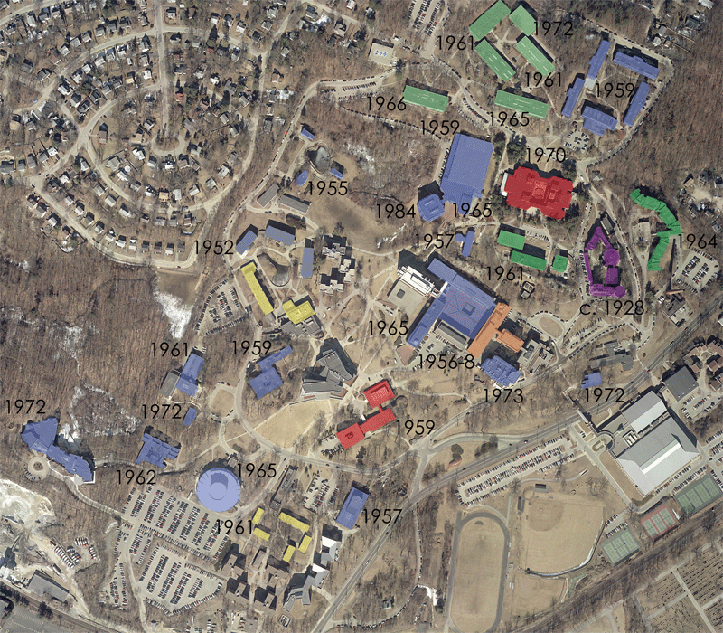 Aerial view of the campus with dates indicating when each building was constructed