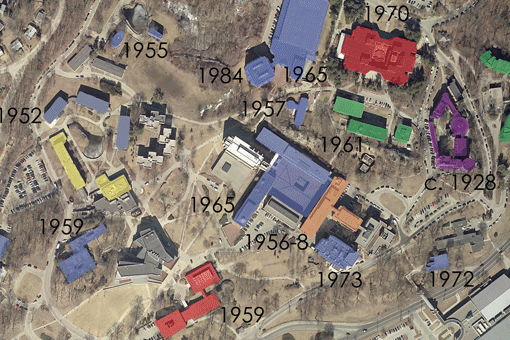 Aerial view map of the campus, with color coded buildings labeled by year of construction