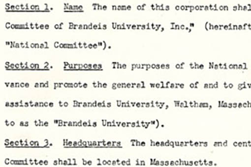 Excerpt of the By Laws of the Brandeis University National Women's Committee.  It is a typewritten page