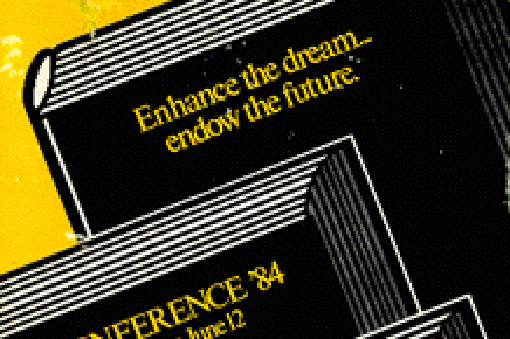 Section of a poster for the 1984 annual conference with black books on a yellow background and the text: Enhance the dream; endow the future.