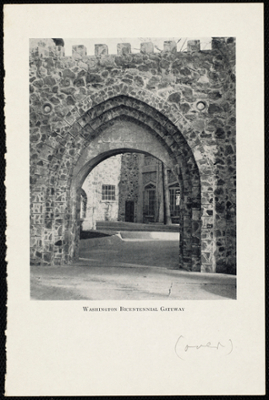 View of Washington Bicentennial Gateway. The courtyard is visible through the archway. Written in pencil on the lower right corner is "over."