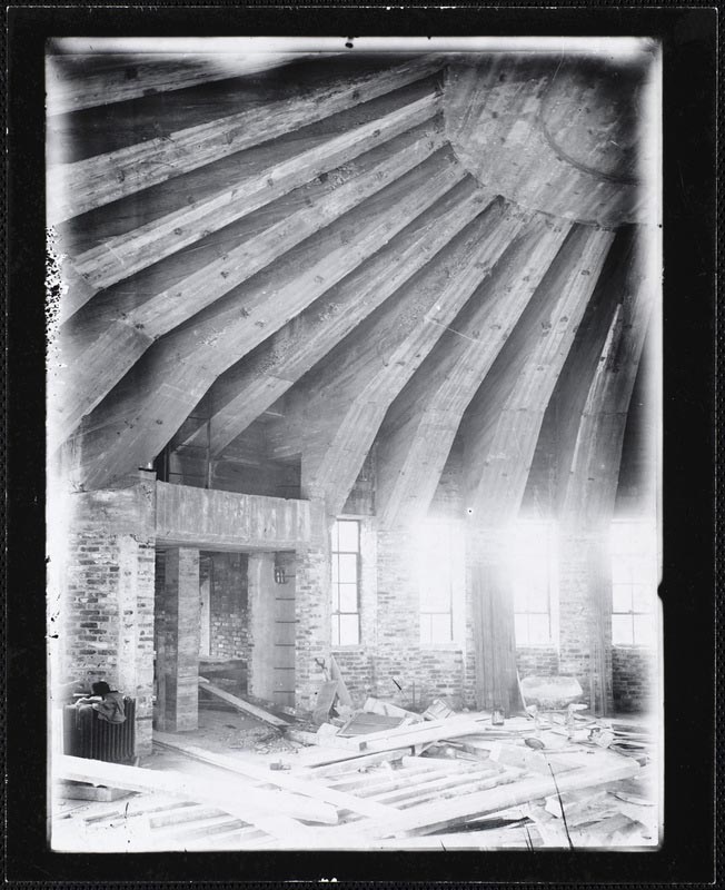 Penthouse Theatre under construction with view of the arched ceiling supports.