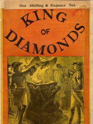 Cover of book "King of Diamonds" with illustratin of two men with swords drawn in front of a fire. The men wear tri-corner hats long jackets, white leggins and black boots