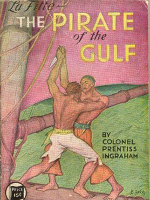 Cover of book "La Fitte -- The Pirate of the Gulf." Illustration of two men fighting on the deck of a ship, one man holding a knife. The water is green and the sky is sail is pink.