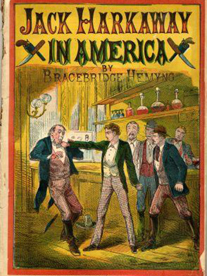 Cover of book "Jack Harkaway in America" by Bracebridge Hemyng. Illustration of a barroom brawl amongst a younger and an older man, both well dressed, with several bystanders watching.